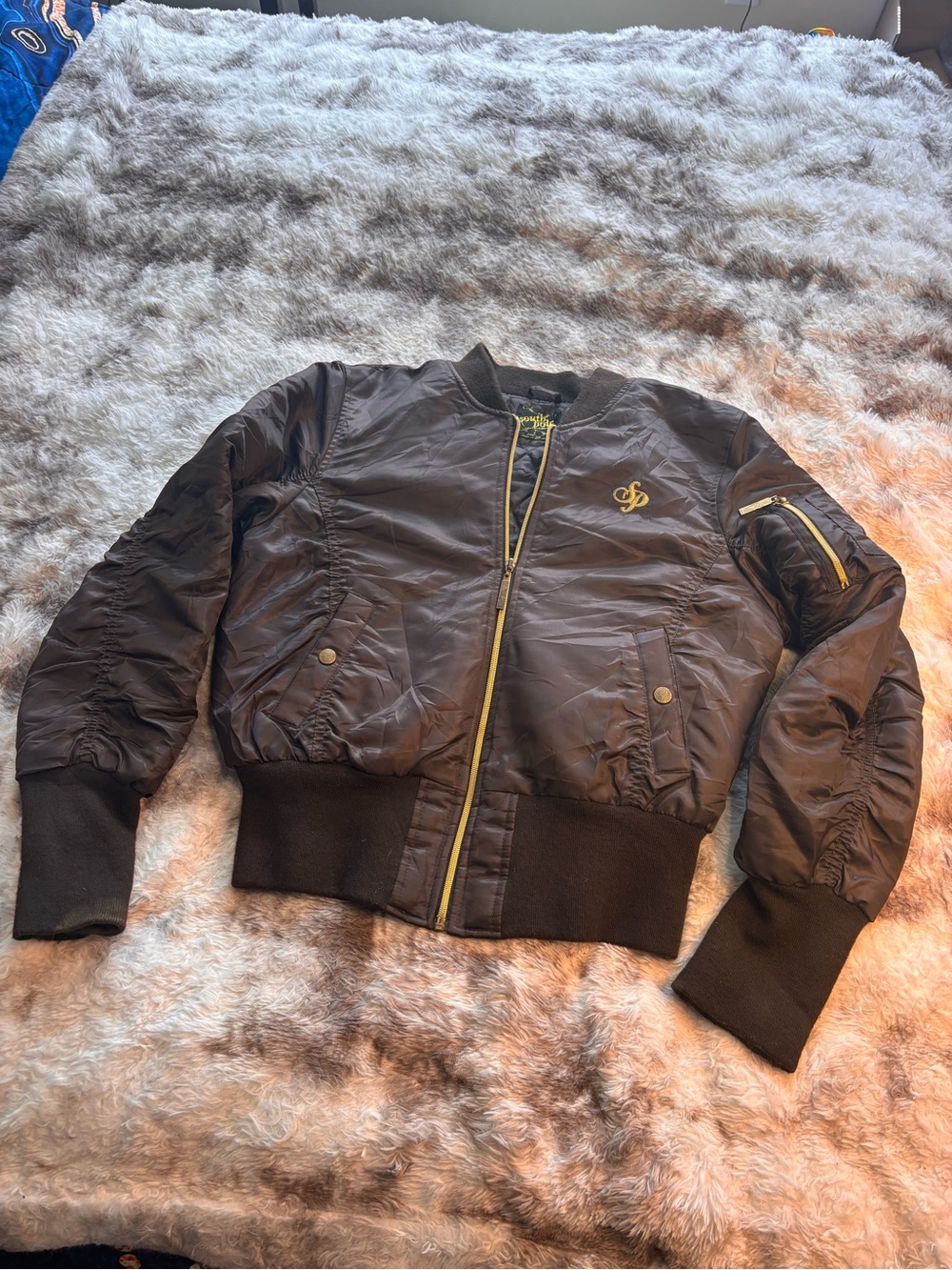 Vintage Y2K Southpole Women’s Brown Bomber Jacket with Gold zipper and logo